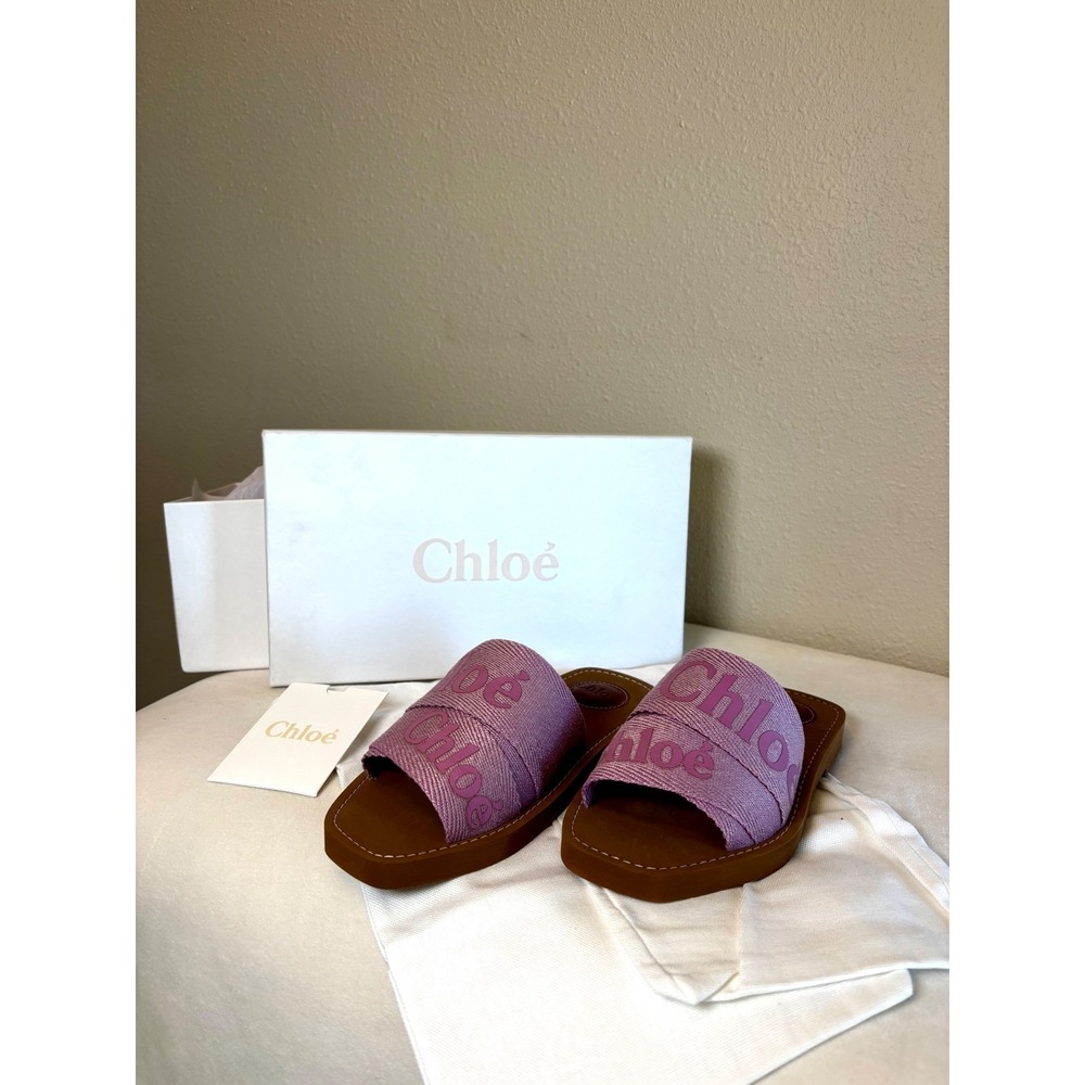 Chloe Woody Flat Slide Sandals Purple Pink Canvas Logo Ribbon Square Toe Italy - Picture 3 of 9